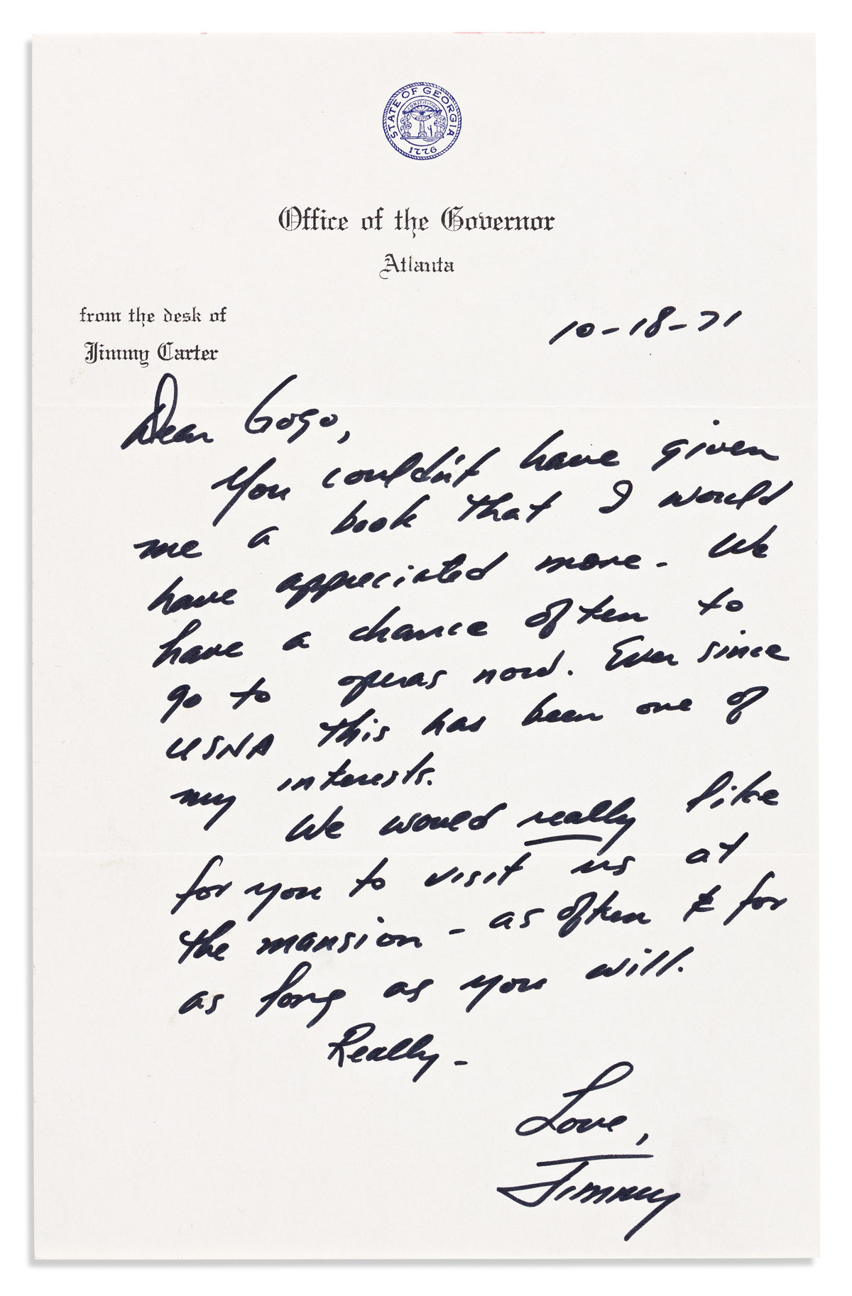 CARTER, JIMMY. Autograph Letter Signed, Jimmy, as Governor, to his sister Gloria (Dear Gogo),